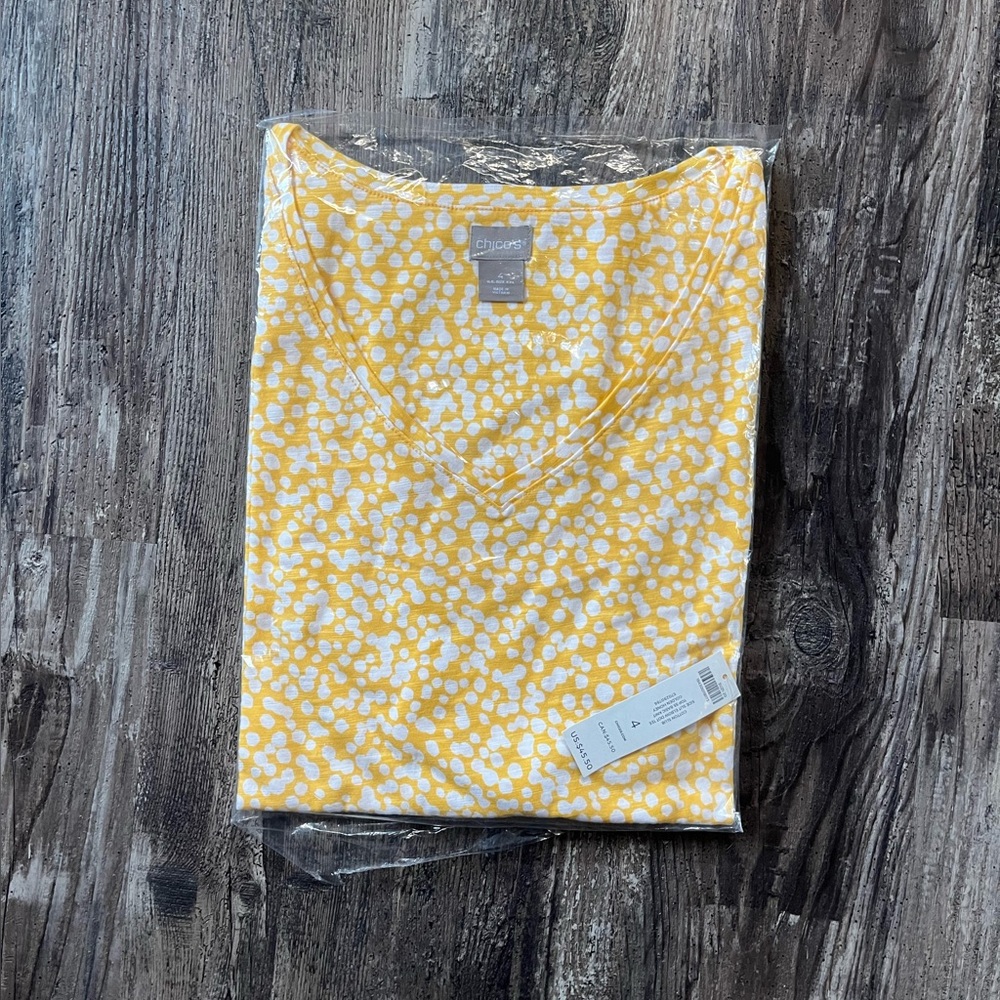 Chico’s Cotton Side Slit Elbow Golden Honey Dot Tee Size Chico’s 4 Women’s 20/22 - Picture 4 of 9